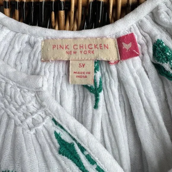 PINK CHICKEN Embroidered Cotton Ava Dress Girls 5 White & Green Boho Beach Cover - Picture 8 of 9